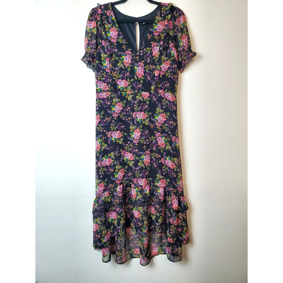 Express Midi Dress Womens Medium Black Floral Chiffon Party Flutter Sleeve - Picture 13 of 13
